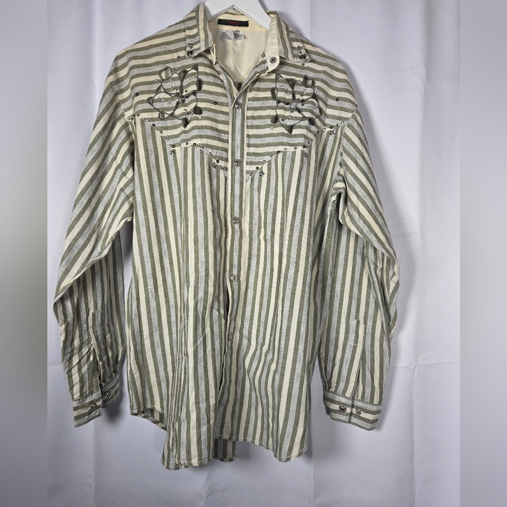 Vintage Freego Western Shirt Women's S Snap Front Green Tan Stripe Oversized